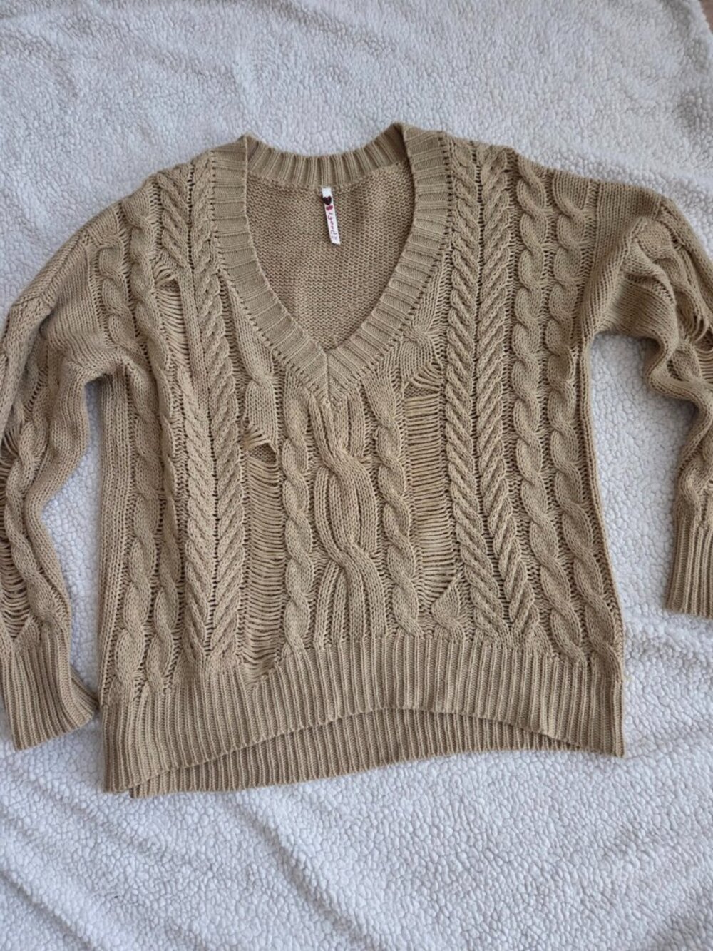 iJooLee Beige Cable Knit Distressed V-Neck Sweater 1X